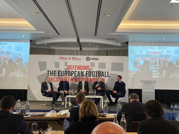Picture featuring the panelists of the conference "Defendring the European Football Ecosystem and Tradition"